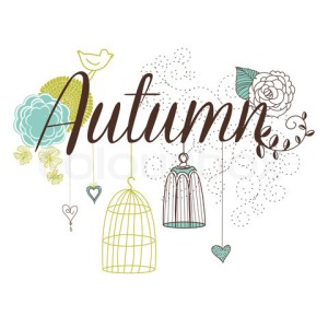 Floral Autumn background. The word Autumn decorated with birdcages and flowers