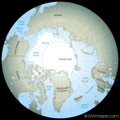 A generic map of the Arctic and North Pole showing North American, Asia and Europe continents. Countries of Greenland, Canada, United States, Russia, Finland, Sweden, Norway and Iceland. Arctic Ocean sea ice is also shown. View from straight above North Pole.