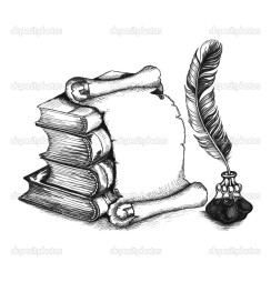 Academic and education set: books, scroll, pen (feather), and beauty inkwell. Vector illustration. EPS10